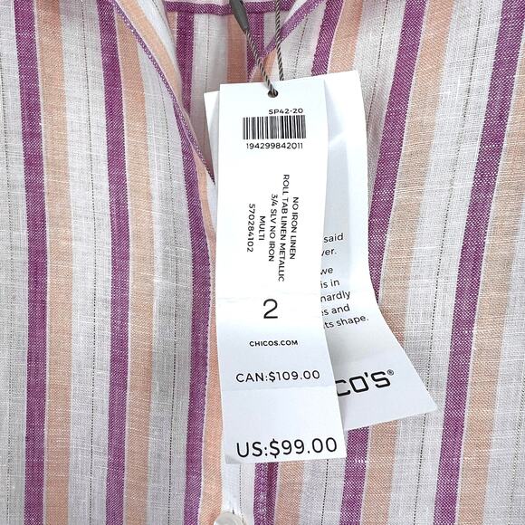 NEW NWT $99 Chicos Large 2 100% LINEN Gold Shimmer Stripe Blouse Shirt Top Beach - Picture 3 of 10